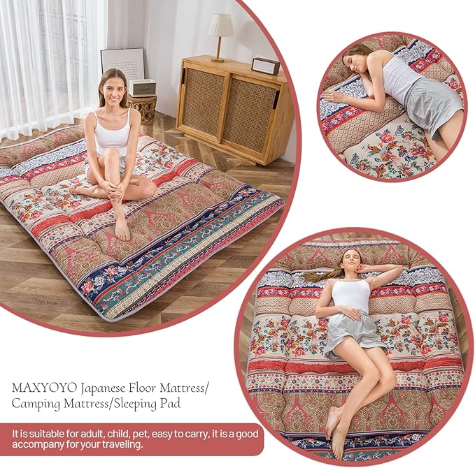 MAXYOYO Japanese Floor Mattress Futon Mattress, 4" Thicken Tatami Mat Sleeping Pad Foldable Roll Up Mat Boys Girls Dormitory Pad Kids Floor Lounger Pillow Bed, Charcoal Grey, Queen Size