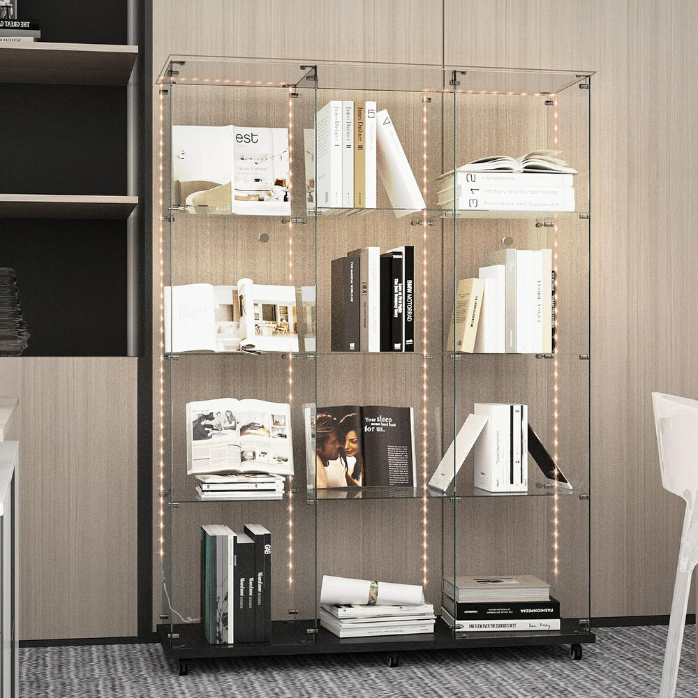 4 Tiers Glass Display Cabinet Extra Large with Bluetooth LED Light Strip, 2 D...