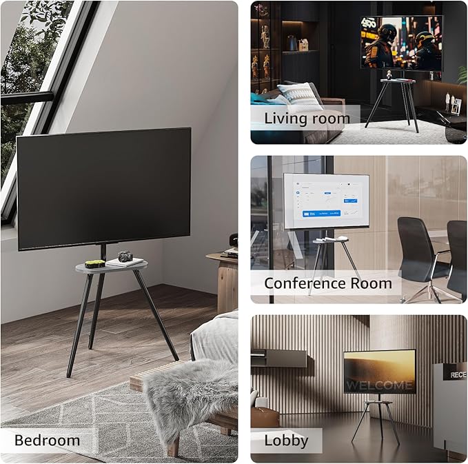 Tripod Easel TV Stand for 43 to 65 Inch LCD Led Screen, Height Adjustable and Swievel TV Stand, Portable TV Floor Stand with Wooden Tray for Bedroom, Living Room, Studio, Metal Black