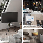 Tripod Easel TV Stand for 43 to 65 Inch LCD Led Screen, Height Adjustable and Swievel TV Stand, Portable TV Floor Stand with Wooden Tray for Bedroom, Living Room, Studio, Metal Black