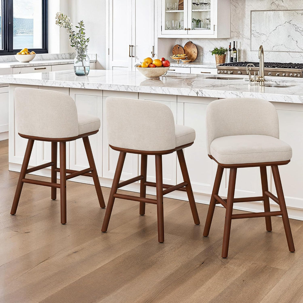 LUE BONA Bar Stools Set of 3, 27.6" Wooden Legs, Fabric in Beige