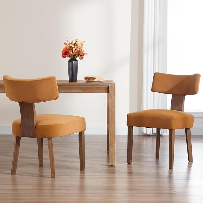 Upholstered Dining Chairs Set of 2, Modern Wooden Kitchen Chairs Fabric Side Dining Room Chair Farmhouse Dinner Chair for Kitchen Dining Room, Yellow Brown