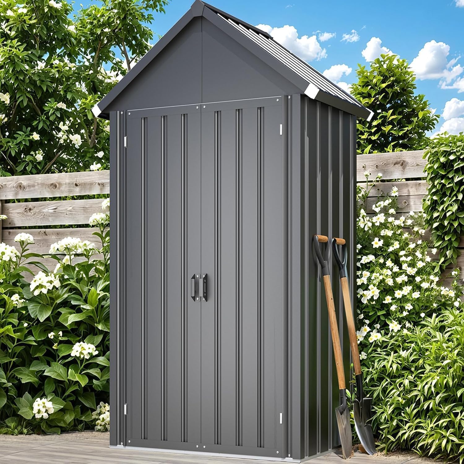 AECOJOY Outdoor Storage Cabinet Waterproof, Vertical Tall Sheds Cabinet with Shelves and Double Door, Garden Tool Sheds & Outdoor Storage Cabinet Weatherproof for Backyard, Patio, Lawn, Dark Gray