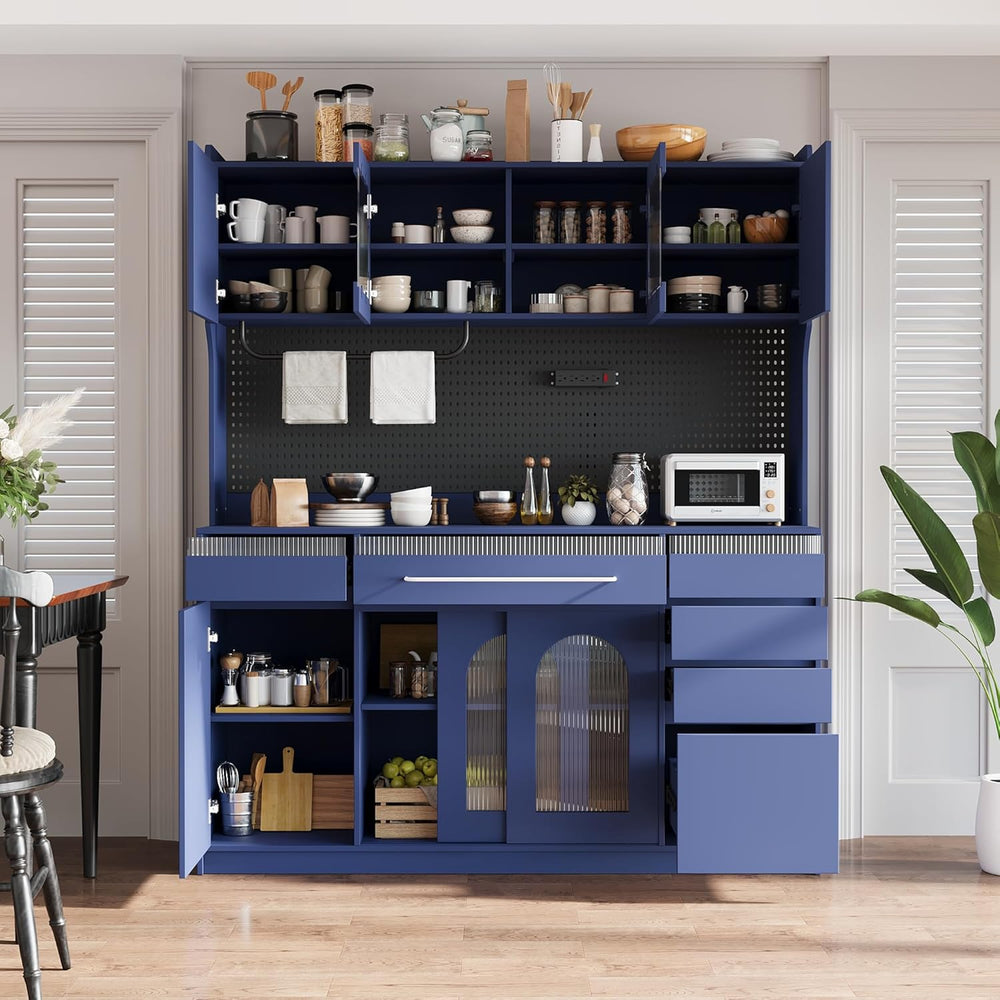 Merax Freestanding 63" W Buffet with Hutch, Large Coffee Bar Storage Cab...