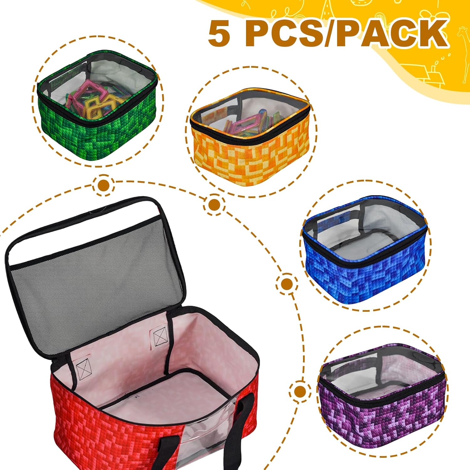 5-Pack Magnetic Tiles Storage Bags Set,Toy Organizer Case,Multifunction Portable Travel Magnetic Tile bag with Visible Top for Building Blocks,Toy Bricks,Puzzles,Board Game