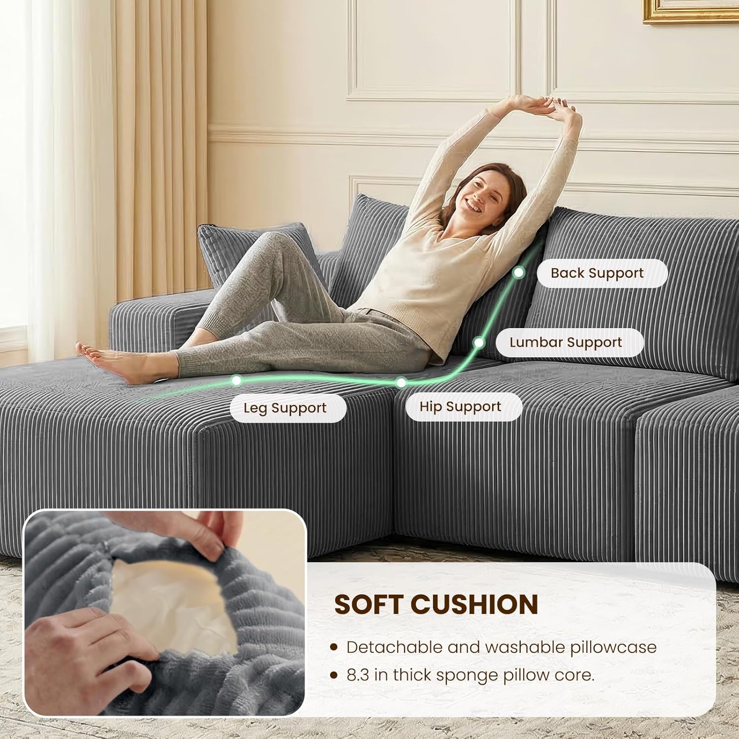 kinmars 108" Boneless Sectional Couch,Corduroy Cloud Couch Sectional for Living Room,Modern L Shaped Modular Sectional Couch,3 Seater Sofa (Dark Gray, 108.9" L Shaped with Left Facing Chaise)