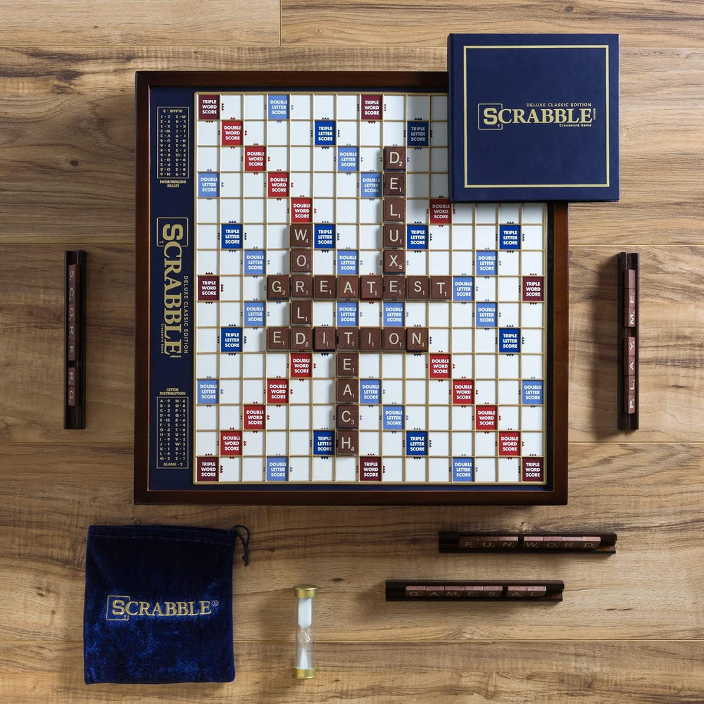 WS Game Company Scrabble Deluxe Edition Rotating Wooden Cabinet Board Game