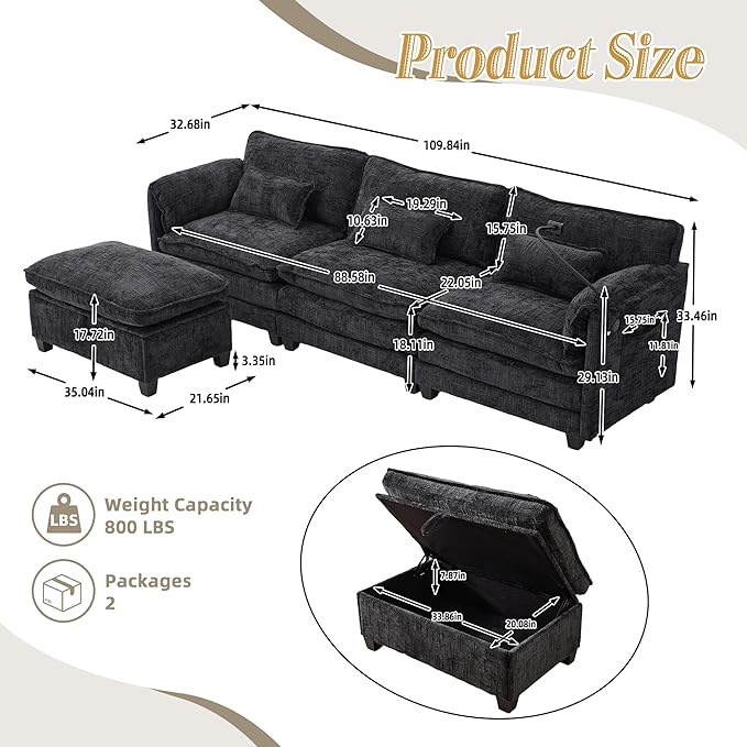 Ball & Cast Modular Sectional Sofa,Comfy Cloud Couch with Movable Storage Ottoman,L Shaped Sectional Sofa W/USB Charging Port,Phone Holder and Side Pocket,Chenille Fabric,for Living Room,Black,109"