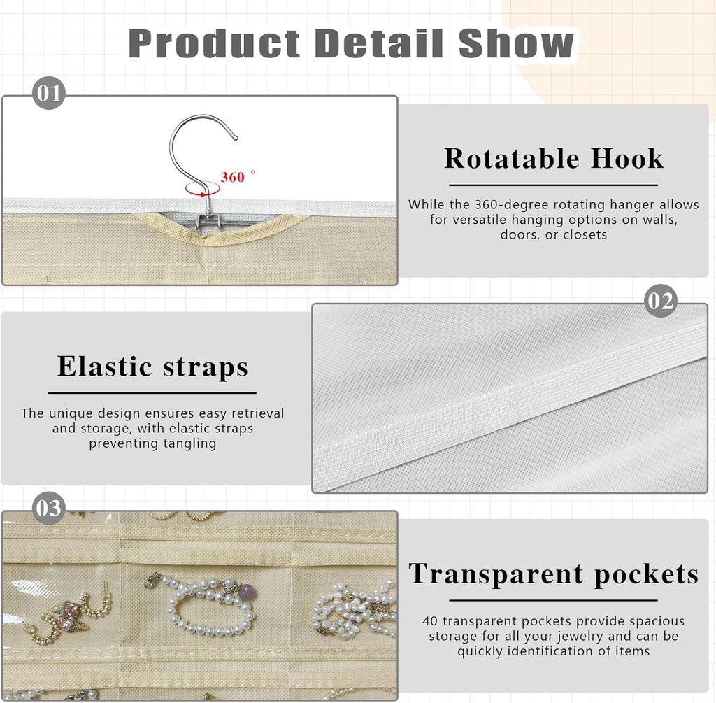 Hanging Jewelry Organizer Storage, 40 Pockets 36 Hooks Necklace Earring Bracelet Ring Organizer, Double - Sided Design, White and Beige