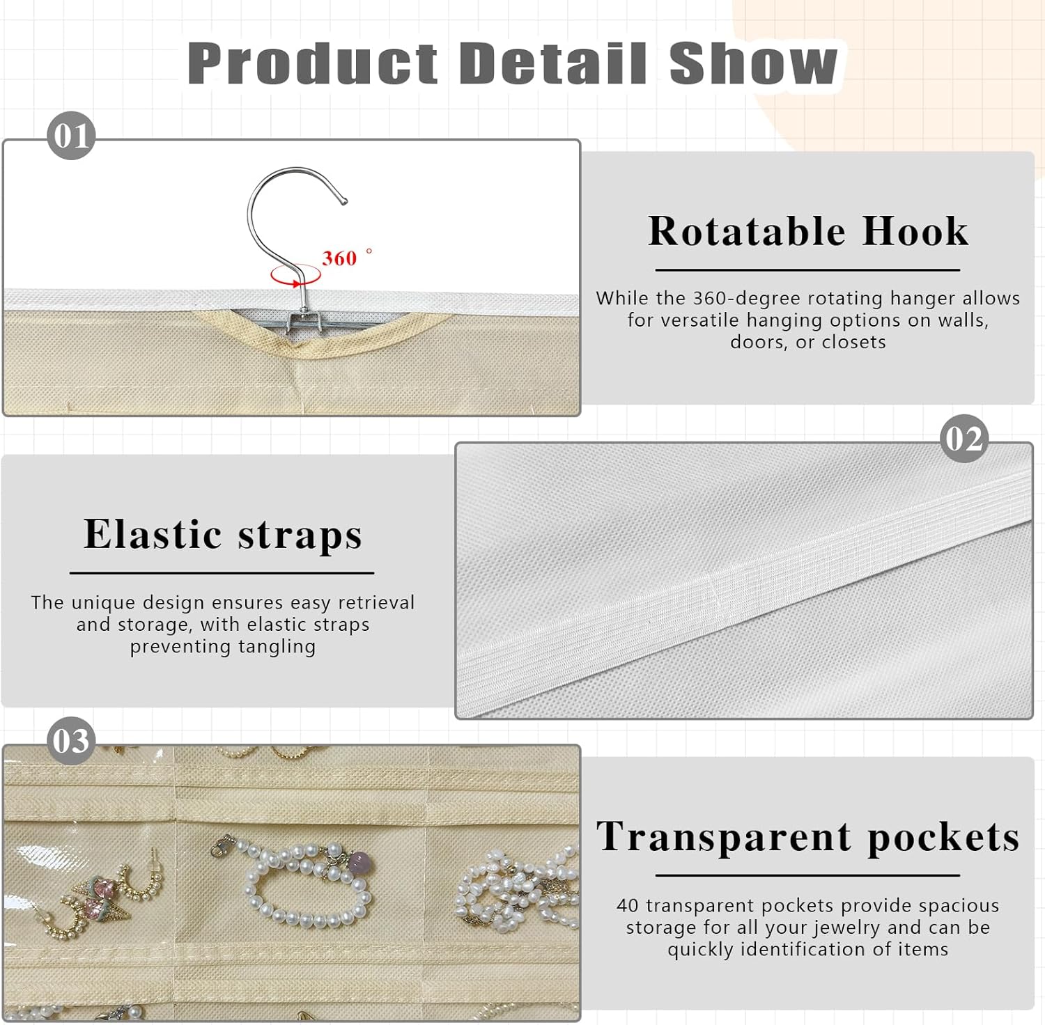 Hanging Jewelry Organizer Storage, 40 Pockets 36 Hooks Necklace Earring Bracelet Ring Organizer, Double - Sided Design, White and Beige