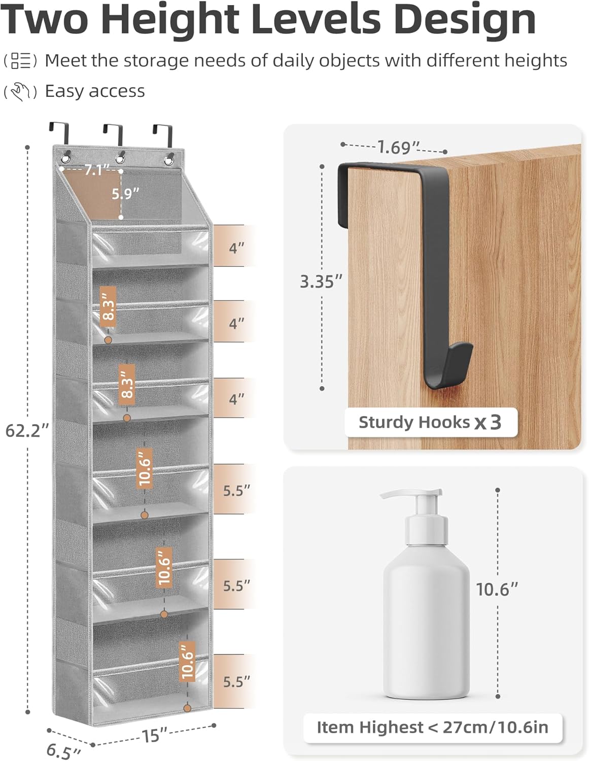 STORAGE MANIAC Over the Door Organizer 6-Shelf Closet Hanging Storage with 14 Mesh Pockets, 66lbs Capacity Clear Deep Pockets Behind Door Storage for Nursery, Bathroom, Bedroom, 1 Pack Grey