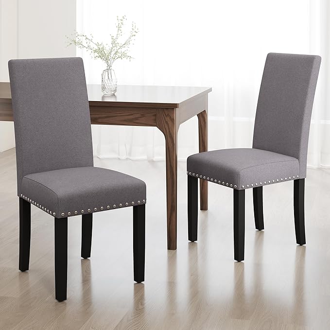 Wooden Dining Chairs Set of 4, Modern Fabric Upholstered Kitchen Side Chairs, Farmhouse High Back Chair with Copper Nail(Gray)