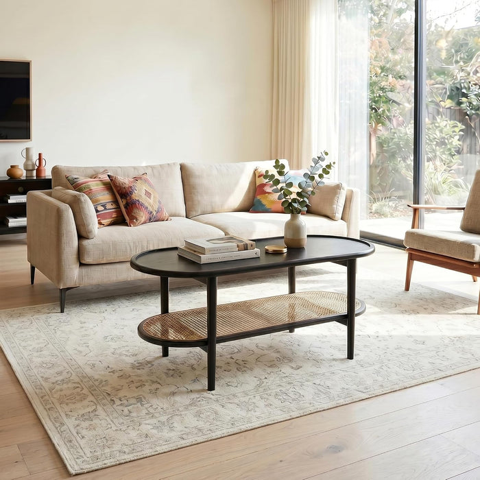 Black Rattan Coffee Table, 39.5" Oval Center Table with Storage Shelf, Modern 2-Tier Wood Side Table for Bedroom Small Space