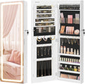 SONGMICS LED Mirror Jewelry Cabinet Armoire, Wall or Door Mounted Jewelry Storage Organizer, Hanging Lockable Frameless Mirror Cabinet with 2 Plastic Cosmetic Organizers, Christmas Gift Idea, White