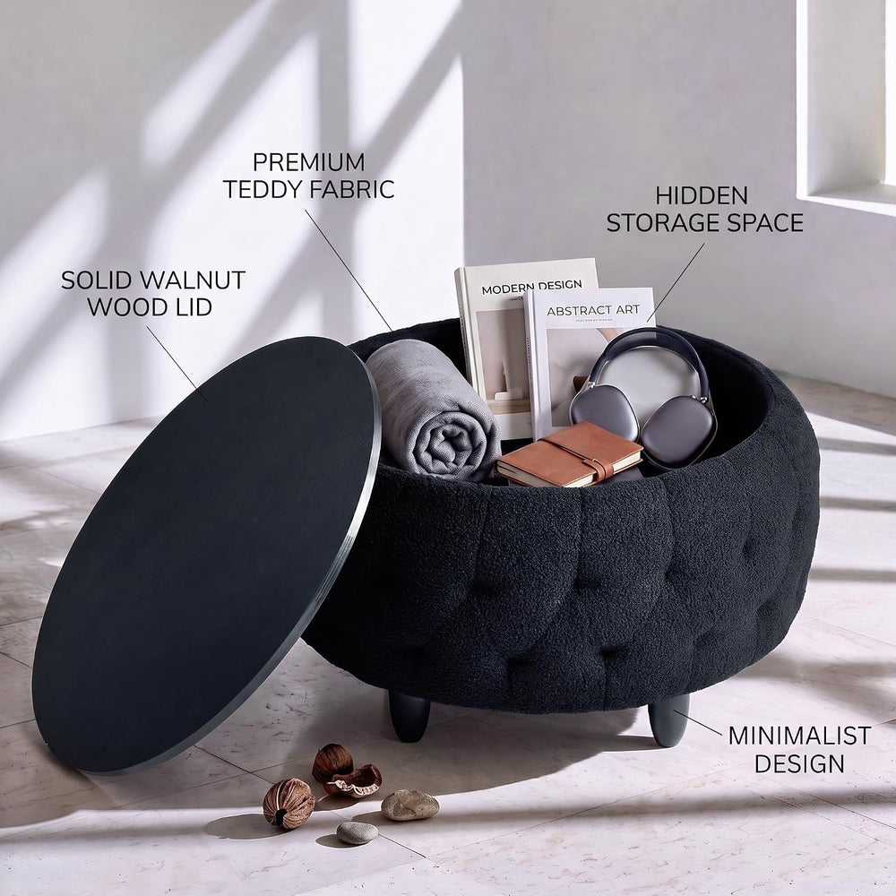Large Round Storage Ottoman Coffee Table with Wooden Tabletop, 32 Inches Tedd...
