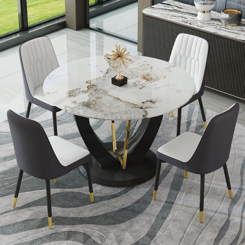 JUFU 5-Piece Round Dining Table Set for 4, 48-Inch Black Marble-Look Table