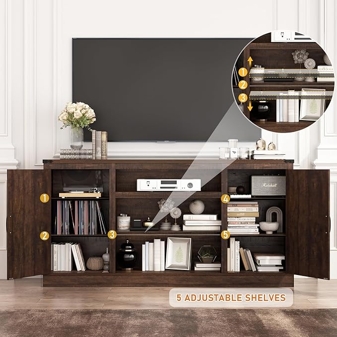 66" Farmhouse TV Stand with Power Outlets for 75 Inch TVs, 33" Tall Entertainment Center with Storage Cabinets w/Adjustable Shelves, Rustic Large TV Media Console for Living Room, Brown