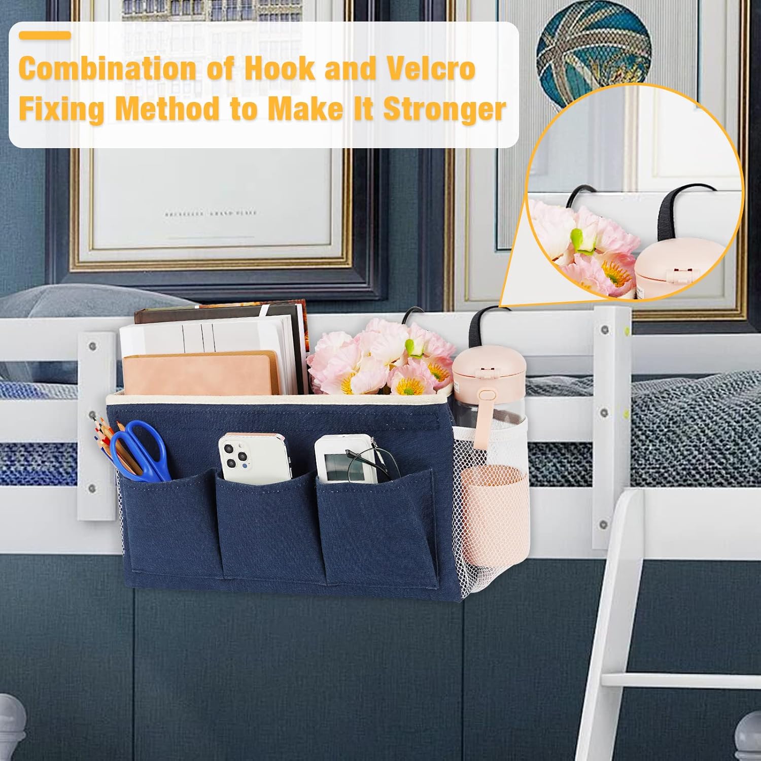 Bedside Caddy Bedside Organizer Bedside Storage Caddy with Fixed Straps and Water Bottle Holder for Home College Dorm Bunk Bed Hospital Bed Crib Bed Rails (Navy Blue)