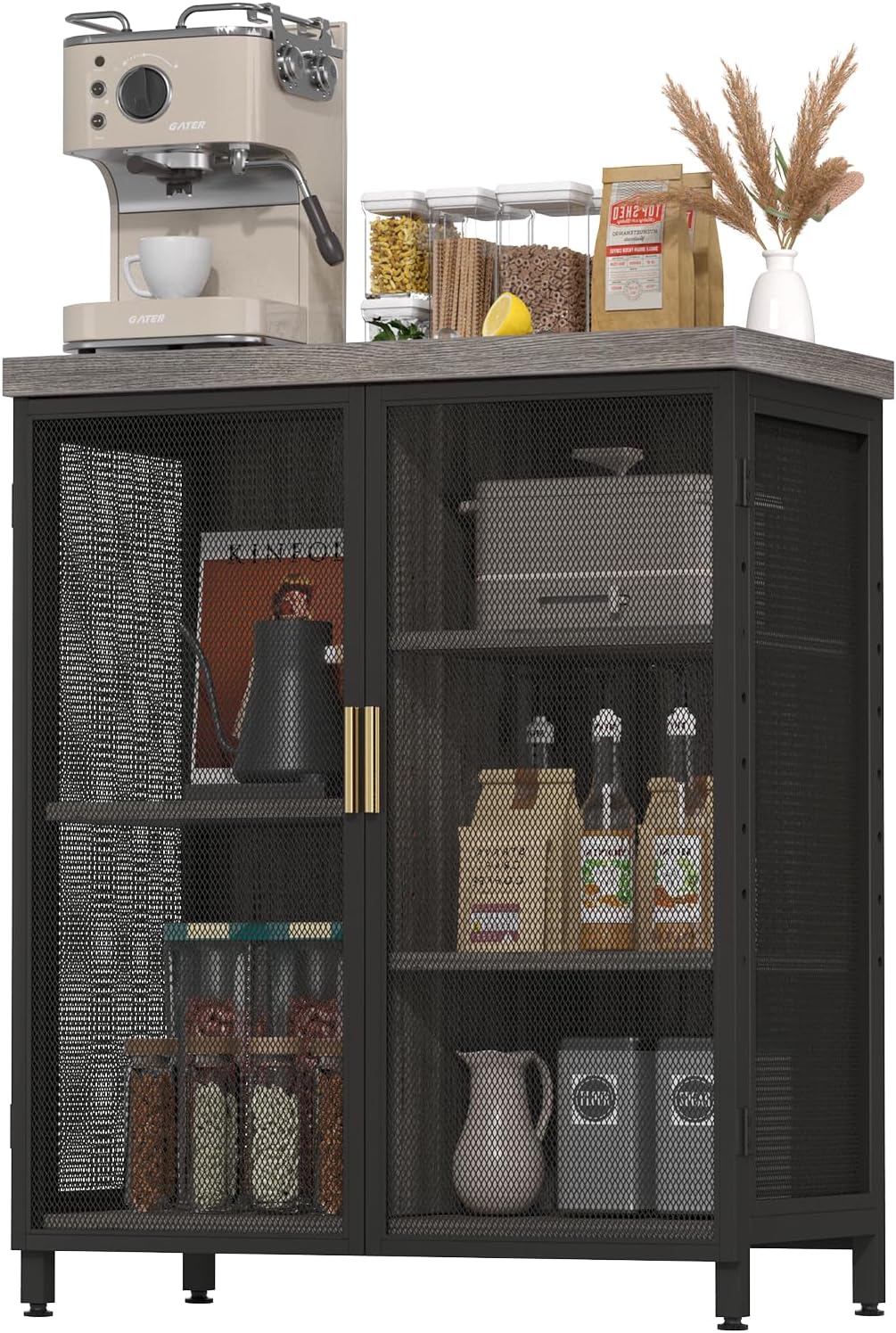 Coffee Bar Cabinet with Adjustable Shelves,Liquor Cabinet with Wire Mesh Doors,Space-Saving Buffet Cabinet, for the Kitchen, Dining Room, and Living Room, Gray