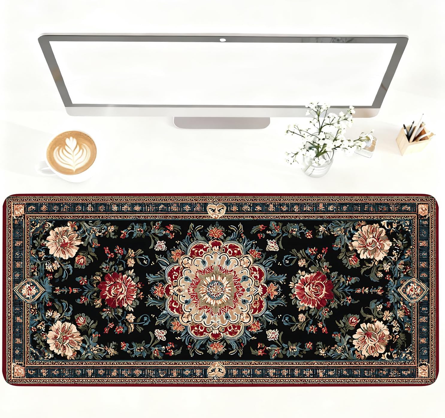 Vintage Persian Carpet Mouse Pad – Large Extended Desk Mat 35.43 x 15.75 in – Oriental Floral Rug Design, Non-Slip Rubber Base, Stitched Edges, Soft Keyboard & Mouse Mat for Office or Gaming