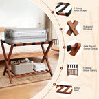 Walnut Luggage Racks Set of 2, Bamboo 26.77" Luggage Rack Stand for Guest Room, 5 Nylon Straps, Foldable Suitcase Stand with Storage Shelf for Bedroom Hotel, Holds up to 165 Lbs