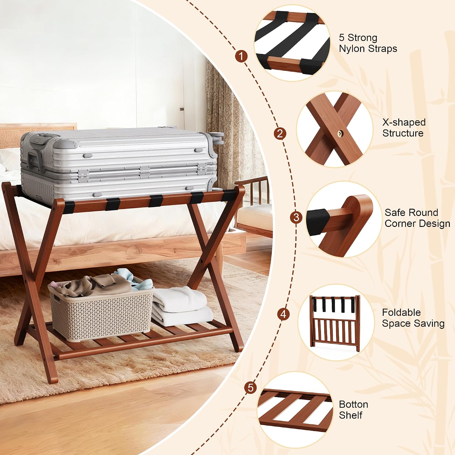 Walnut Luggage Racks Set of 2, Bamboo 26.77" Luggage Rack Stand for Guest Room, 5 Nylon Straps, Foldable Suitcase Stand with Storage Shelf for Bedroom Hotel, Holds up to 165 Lbs