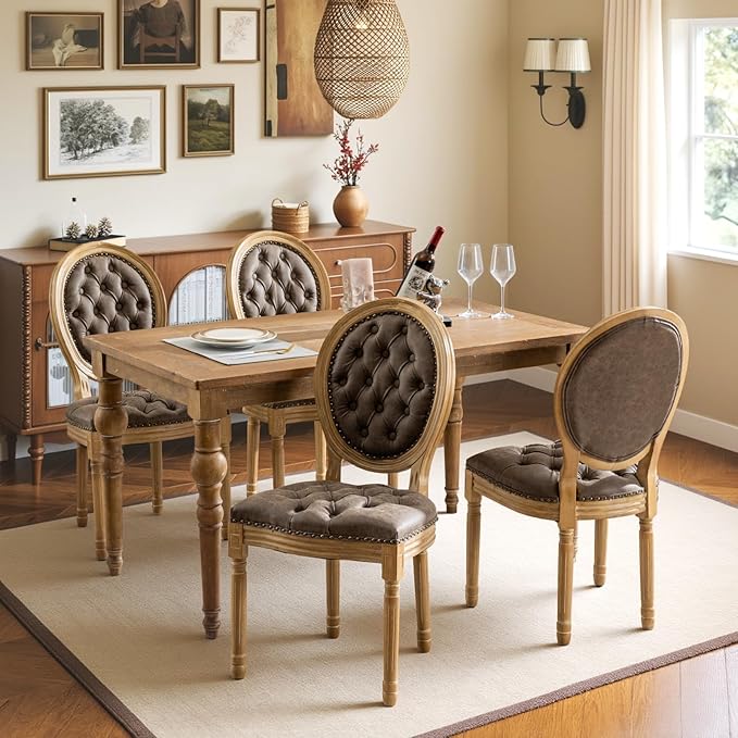 French Country Dining Chairs Set of 4,Farmhouse Upholstered Dining Room Chairs with Tufted Round Back&Solid Leg,PU Leather Kitchen Side Chairs for Kitchen/Bedroom/Dining Room,Brown