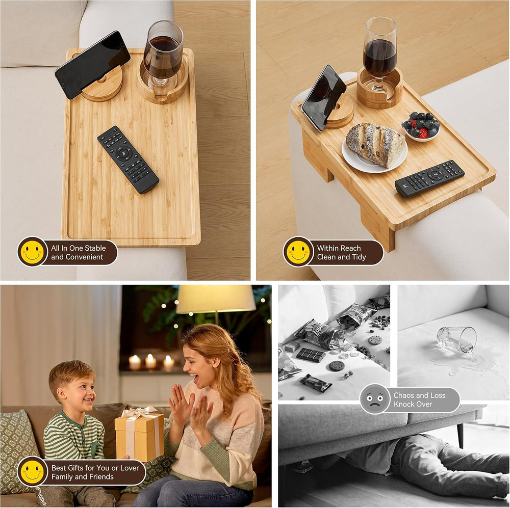 GEHE Real Bamboo Couch Armrest Table, 15.4"x9.8" Couch Arm Tray Tab...