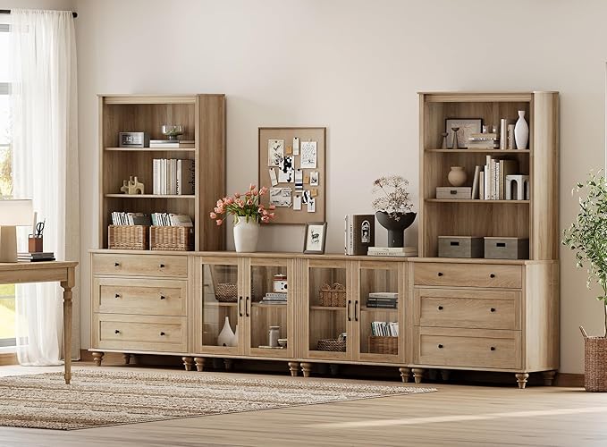 WAMPAT Entertainment Center with Bookshelves with Glass Doors & Drawer, Farmhouse Wall Unit TV Stand for TVs up to 75", Media Console Table for Living Room, Bedroom & Home Theater, Oak