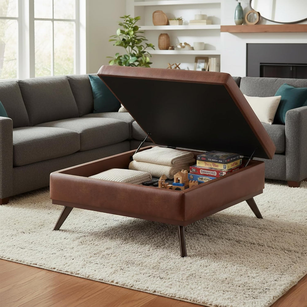 SIMPLIHOME Owen XL Coffee Table Storage Ottoman - 40 inch Wide Upholstered Ve...