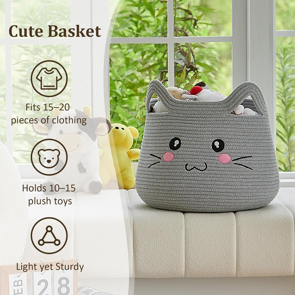 VK VK·LIVING Cat Storage Basket - Large Woven Cotton Rope Toy & Laundry Organizer with Handles for Nursery, Bedroom, Living Room, Holds Blankets, Clothes, Toys (15”D x 14”H)