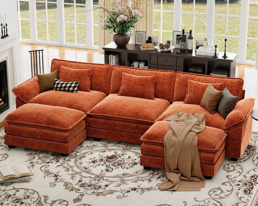 120" Oversized Modular Sectional Sofa, Comfy U-Shaped Cloud Couch w/ 2 Movable Ottoman, 5-Seater Chenille Deep Seat Modern Sofa Couch for Living Room, DIY Combination, Terracotta Orange