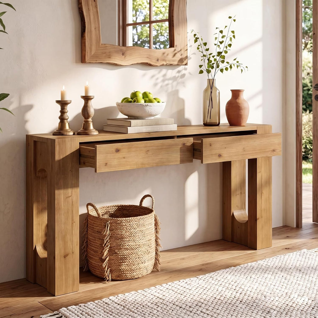 LITTLE TREE 63" Solid Wood Console Table, Farmhouse Entryway Table with 2 Drawers and U-Shaped Legs, Long Sofa Table Behind Couch for Entrance, Hallway, Living Room, Foyer