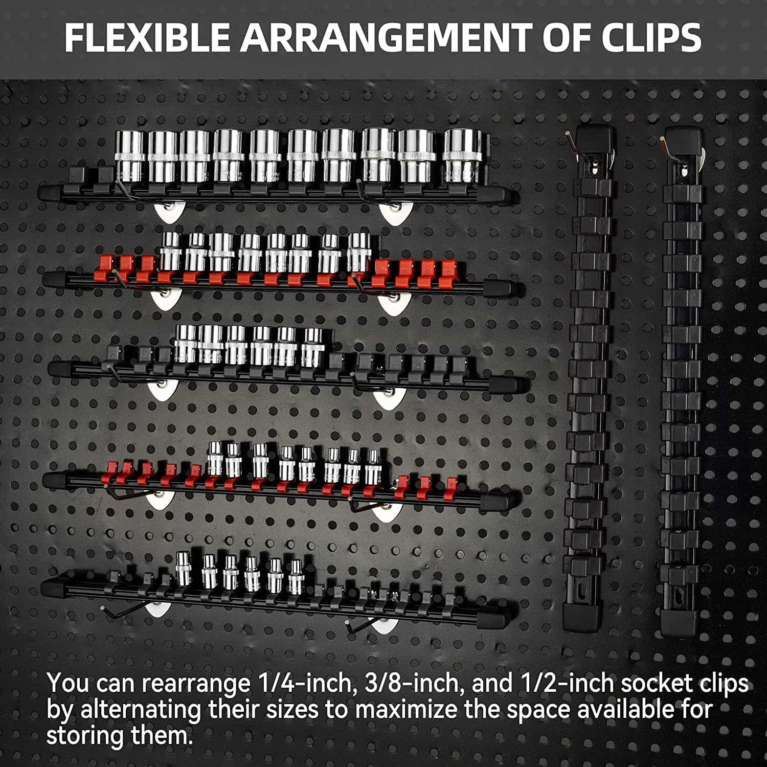 Socket Organizer Drive ABS Tools - Black Socket Holder, Premium Quality 30 Pieces Socket Holders Kit 1/4-Inch x 160 Clips, 3/8-Inch x 150 Clips, 1/2-Inch x 120 Clips（30PC,Black)