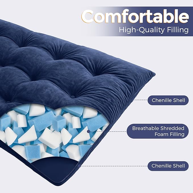 MAXYOYO Japanese Floor Mattress Full Size, 6" Foldable Futon Mattress Tufted Roll Up Floor Bed, Thick Chenille Tatami Mat Sleeping Pad for Camping Guest Room Dormitory Bedroom RV, Navy