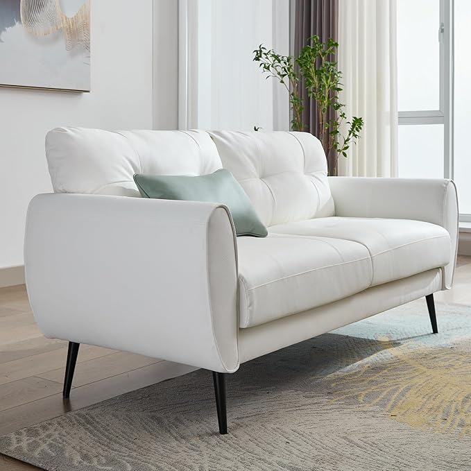 TYBOATLE Mid Century Modern White Leather Couch - 61" Loveseat, Tufted, Comfy 2 Seat Settee for Living Room or Office, Fits Small Spaces, Easy Assembly (2, White)