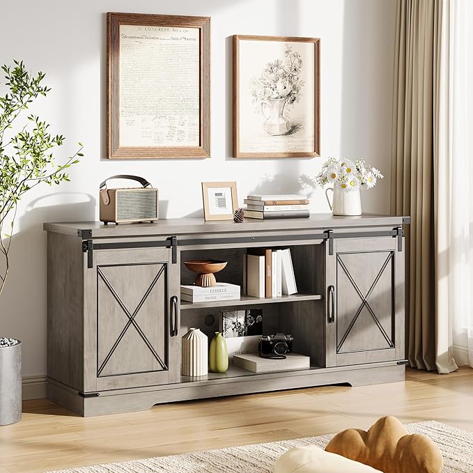 IDEALHOUSE Farmhouse TV Stand for 65 inch TV, Entertainment Center with Sliding Barn Doors and Adjustable Shelves, Rustic Wood Media Console Table for Living Room, Bedroom, Grey