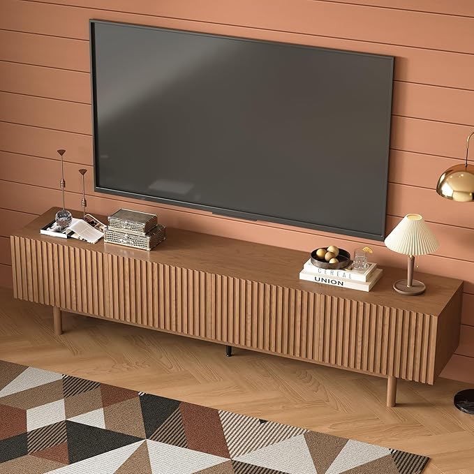 86.61" Mid-Century Modern TV Stand for TVs up to 85", Walnut Entertainment Console with Solid Wood Legs and Large Storage, Sturdy Media Cabinet for Living Room & Bedroom