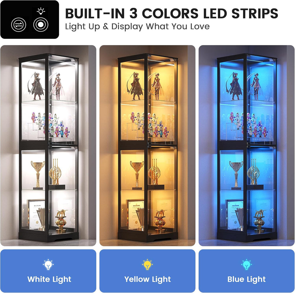 Glass Display Cabinet with Doors, 65" Tall 4-Tier Curio Display Case wit...