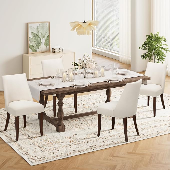 Upholstered Dining Chairs Set of 4, Mid Century Modern Kitchen Chairs with Back, Farmhouse Fabric Side Dining Room Chairs with Wood Legs for Dining Room Restaurant, Beige