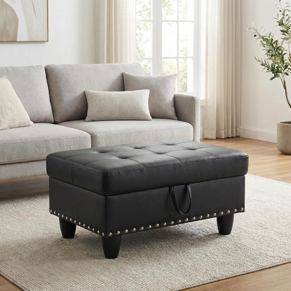 28.5 Inch Storage Ottoman Bench with Hidden Storage, PU Leather Upholstered F...