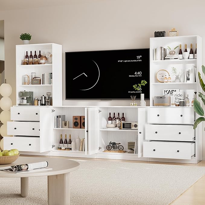 TUSY 71" Large TV Stand Set - TV Entertainment Center for TVs up to 65", Media Center with Tempered Glass Doors and Drawer, TV Hutch with Bookshelves for Living Room (White, BCCB)