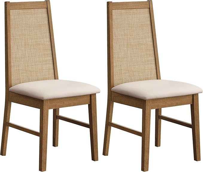 SICOTAS Wood Dining Chairs Set of 2 - Rattan Dining Room Chairs with Solid Wood Leg, Farmhouse Upholstered Kitchen Chairs High Back, Modern Armless Dining Chair for Dining Room, Kitchen, Oak, 2PCS