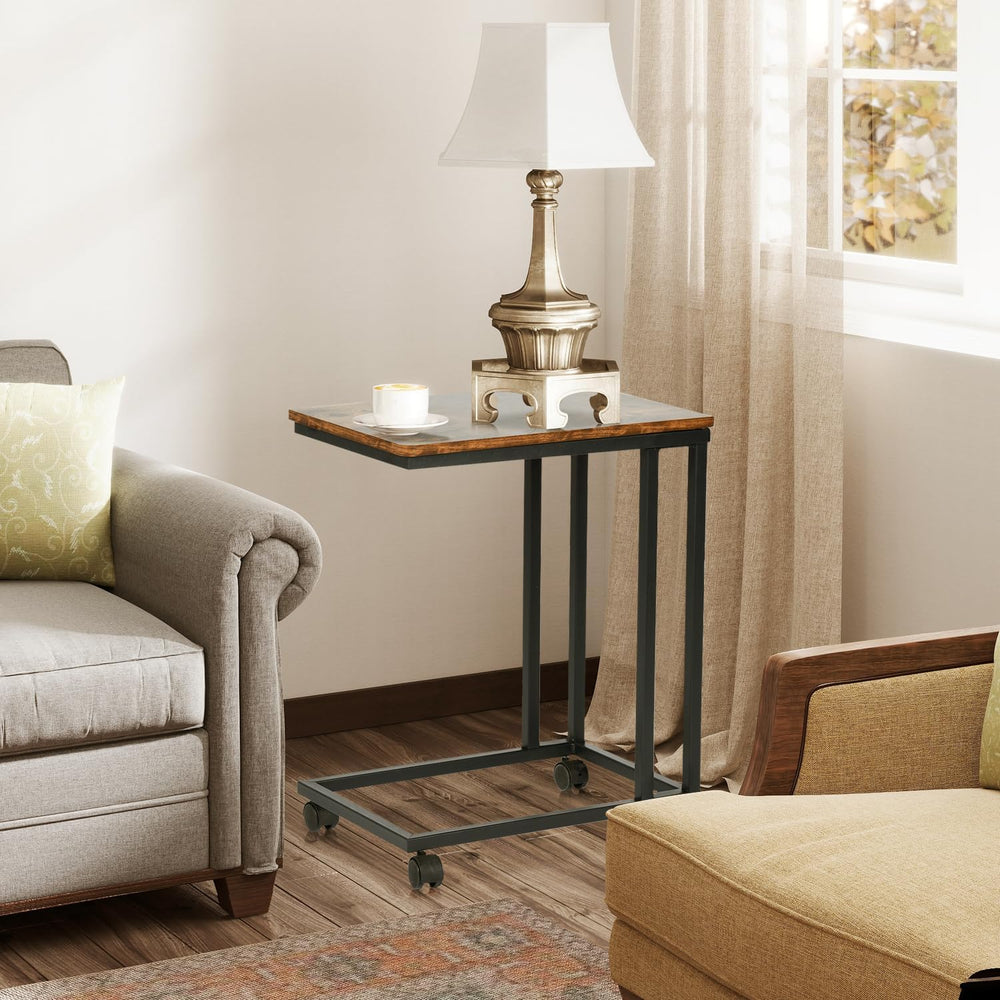 FurnitureR End Table C Shaped, Snack Side Table with Rolling Wheels for Sofa ...