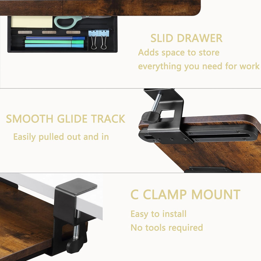 ETHU Keyboard Tray Under Desk, 19.7" X 11.81" Small Size Keyboard Drawer with C Clamp-on Mount Easy to Install, Computer Keyboard Stand Slide Pull Out, Ergonomic Keyboard Tray for Home, Office