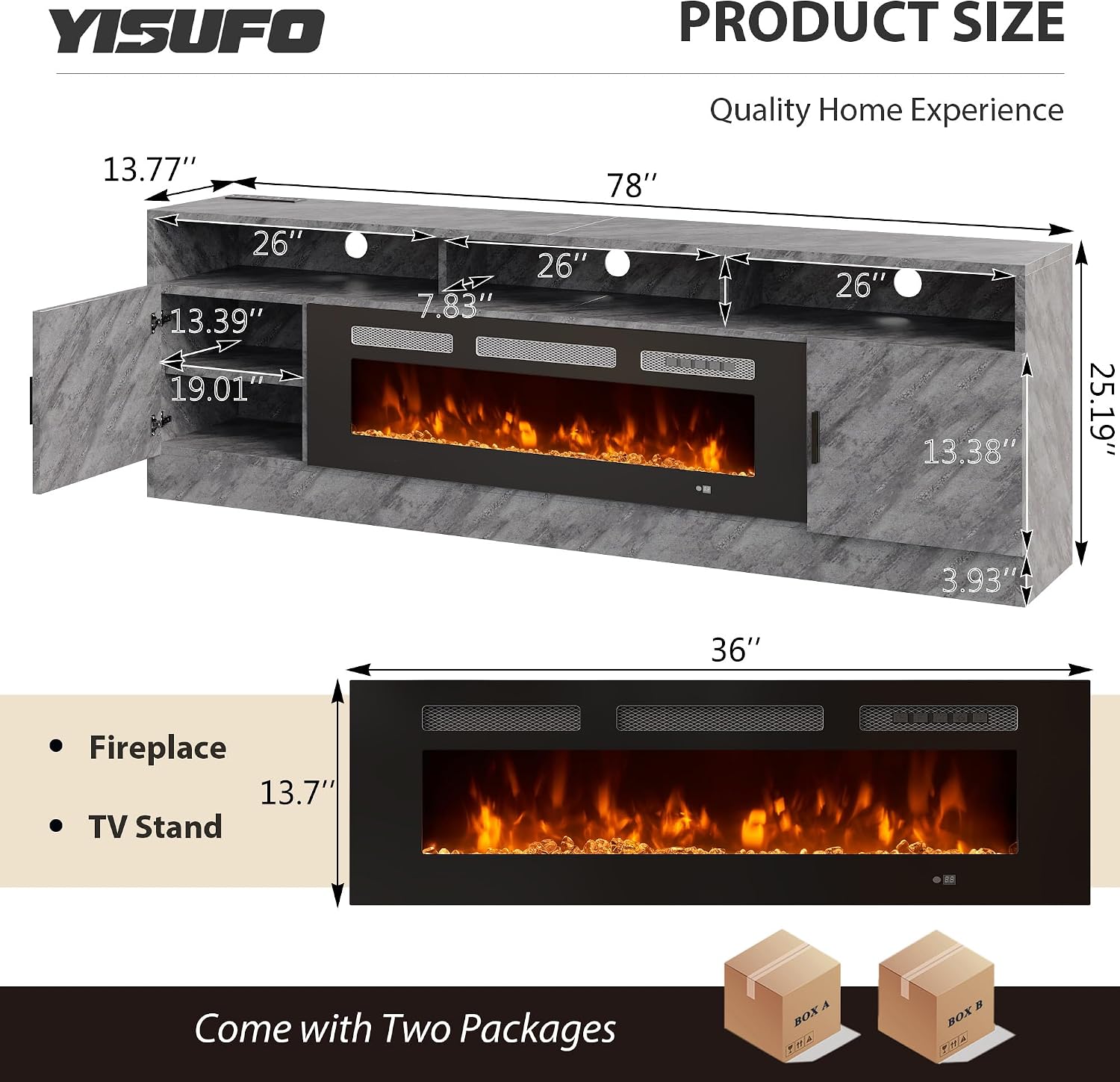 80" Fireplace TV Stand with Power Outlet, Entertainment Center with 36" Fireplace for TVs Up to 90", Modern TV Console for Living Room with High Gloss Storage Cabinet & LED Lights, Gray-Black