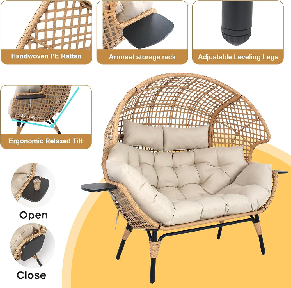 Double Egg Chair Outdoor Indoor 2 Person Wicker Egg Lounge Chair with Foldabl...