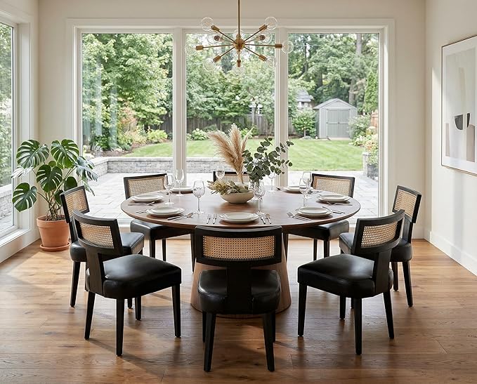 Rattan Dining Chairs Set of 6, Mid-Century Modern Dining Chairs, Kitchen Dining Room Chairs, Curved Cane Back Upholstered PU Leather Dining Chair with Black Wood Frame, Black