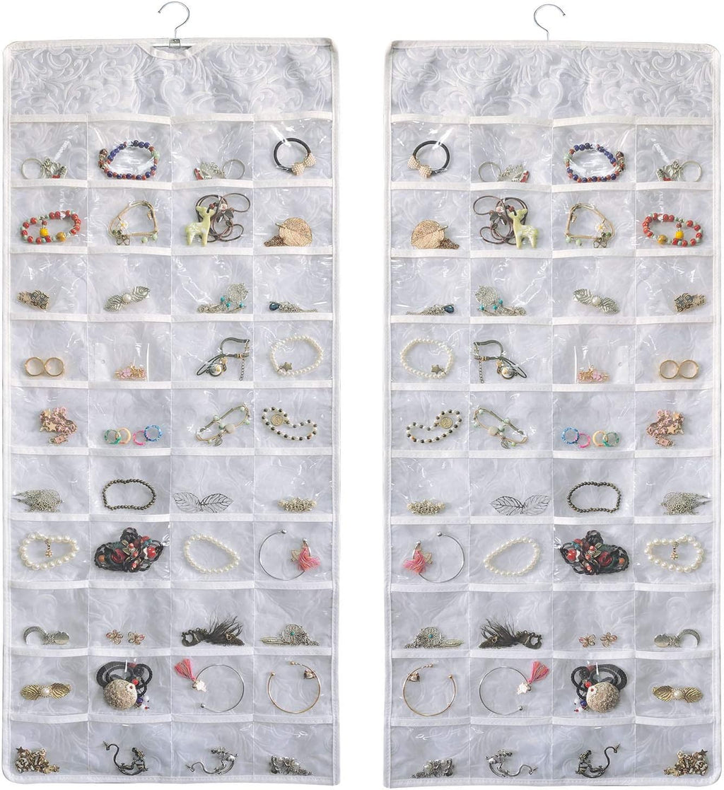 BB Brotrade Hanging Jewelry Organizer, Double-Sided Jewelry Storage Organizer with Embossed Pattern, 80 Clear PVC Pockets for Holding Jewelries (White)