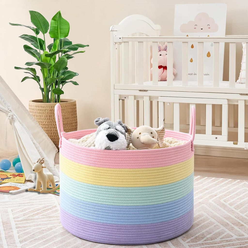 67L Large Rainbow Blanket Basket, Cotton Rope Baby Laundry Hamper with Handles, Kids Toy Basket for Classroom & Nursery, Soft Round Stuffed Animal Storage, Dog Toy Bin - 20"x13", Light Rainbow